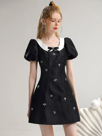 CHECOCORE Elegant  Sequin Doll Collar Women's Short Black Dress - LILLY