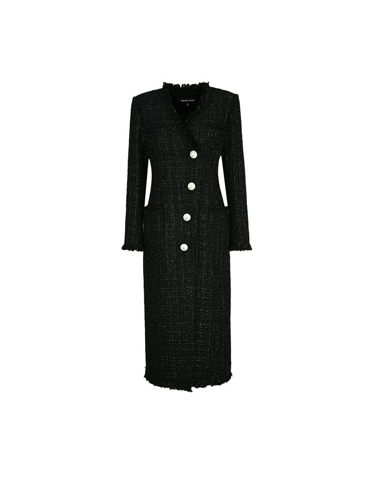 YES BY YESIR Extra-long V-Neck Tweed Coat Dress - COLE.