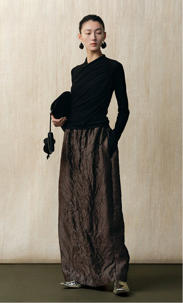 ZHUCHONGYUN V-neck pleated wool knit long sleeve top-NOELLE.