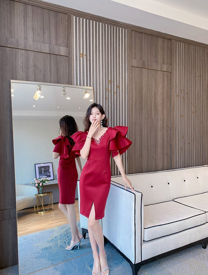 DOLLY Elegant V-Neck Short Ruffle Sleeves Slim Fit Midi Slit Office Dress- ilLA