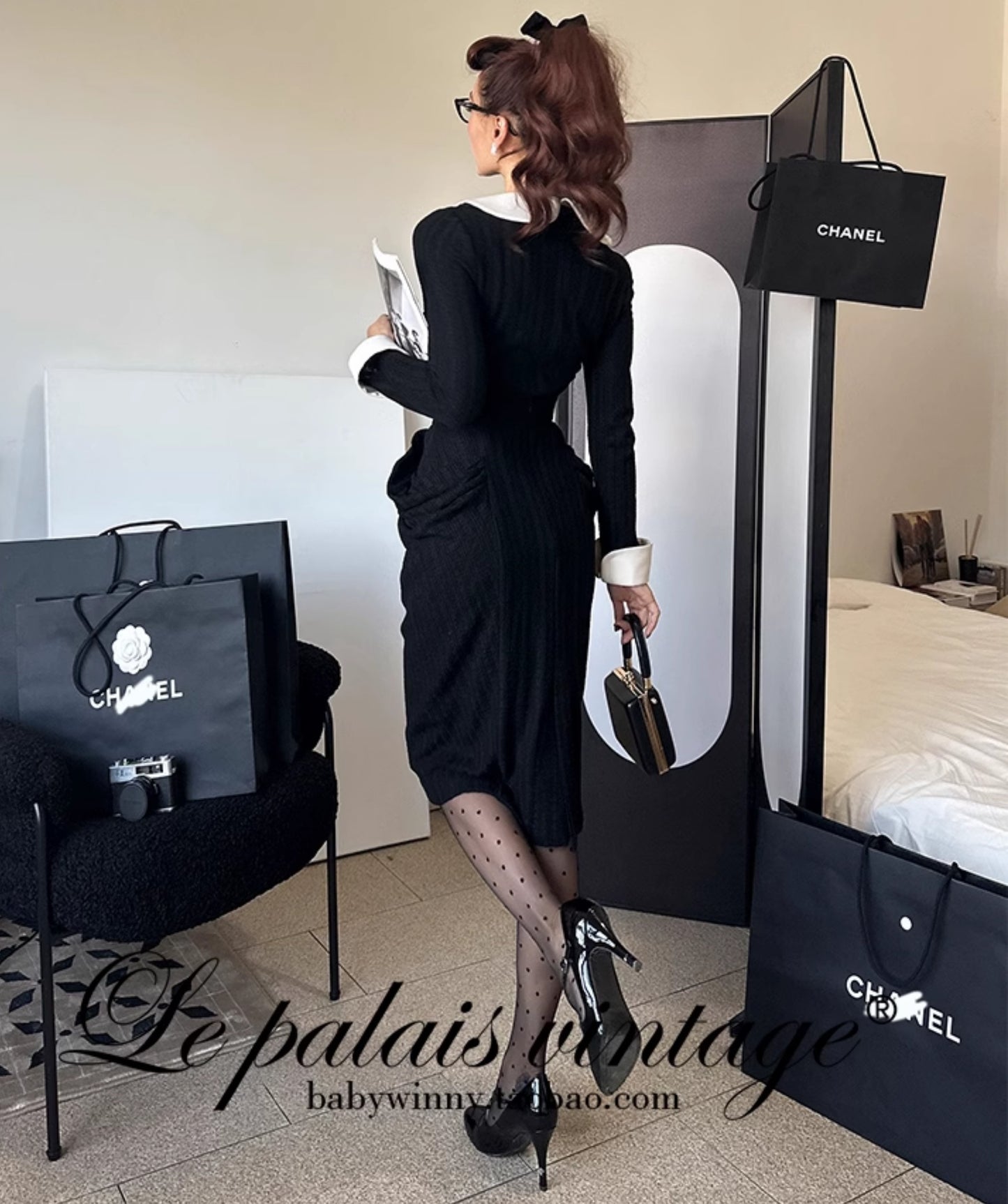 Le Palais Vintage Elegant Black and White Round Neck Cardigan High Waist Pencil Office Skirt-Ivy