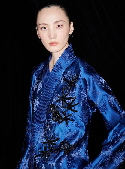 M essential Mackay designer sea green jacquard gag fish algae pattern nail bead jacket - ZYAN.