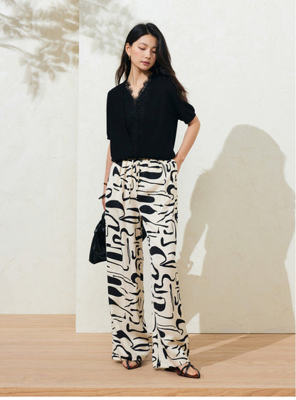 Sushe Neo-Bohemian Tencel linen print drawstring tie wide-leg slacks -JULIET