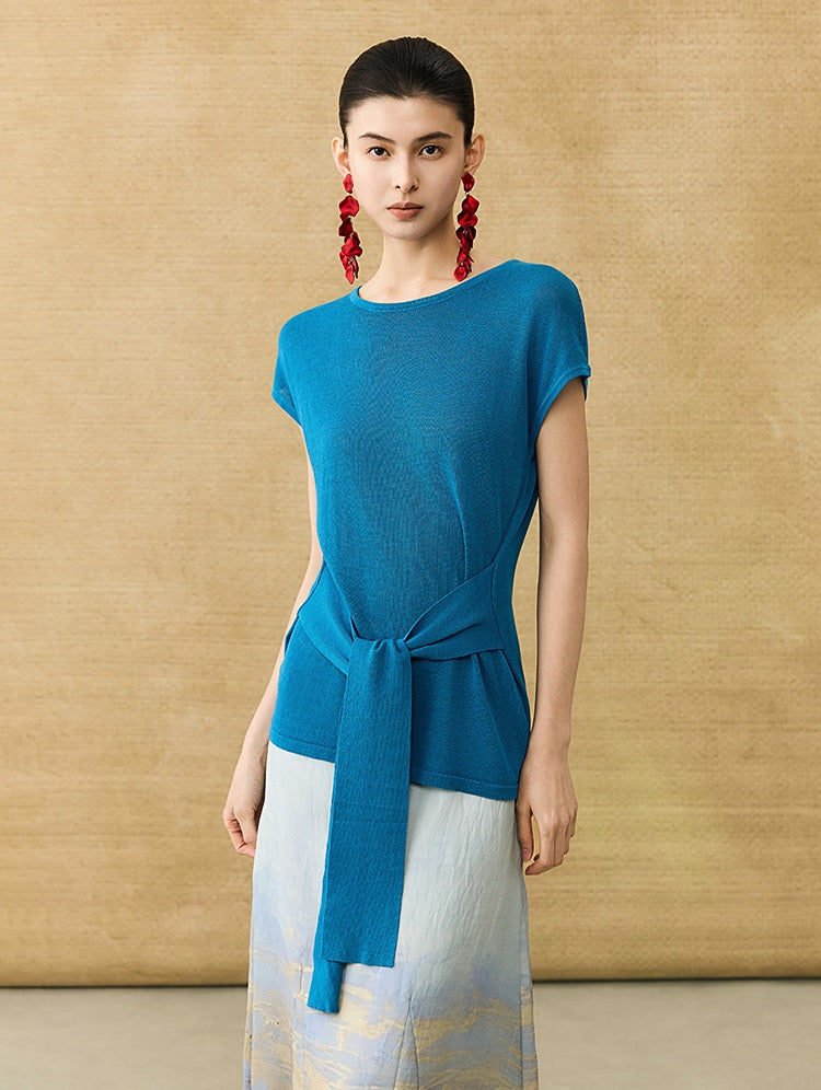 HECO Chinese Slimming Waist Linen Knit Breathable Crew Neck T-Shirt - INDIGO.