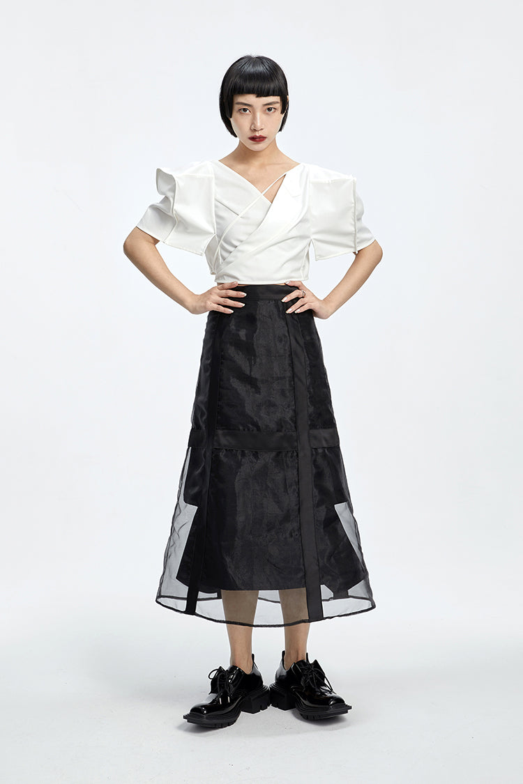 Tiny in three-dimensional square sleeve cross collar tie irregular shirt top women's short -CAM