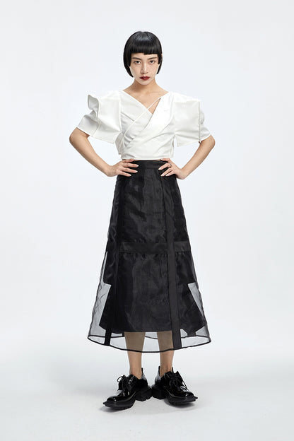 Tiny in three-dimensional square sleeve cross collar tie irregular shirt top women's short -CAM