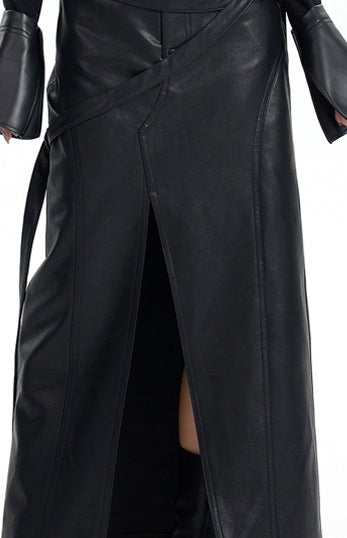 TINY IN black irregular tie women's high waist slit pu leather long skirt -CAM