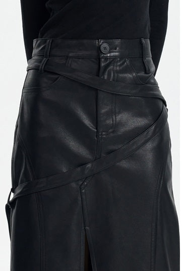 TINY IN black irregular tie women's high waist slit pu leather long skirt -CAM