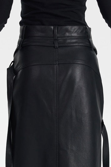 TINY IN black irregular tie women's high waist slit pu leather long skirt -CAM