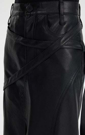 TINY IN black irregular tie women's high waist slit pu leather long skirt -CAM