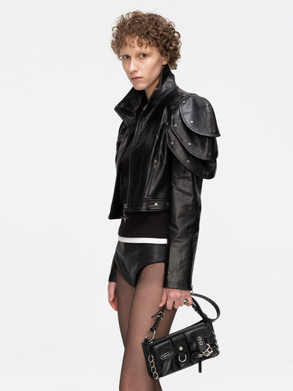 ANNAKIKI black deconstructed three-dimensional short leather jacket-AZUSA