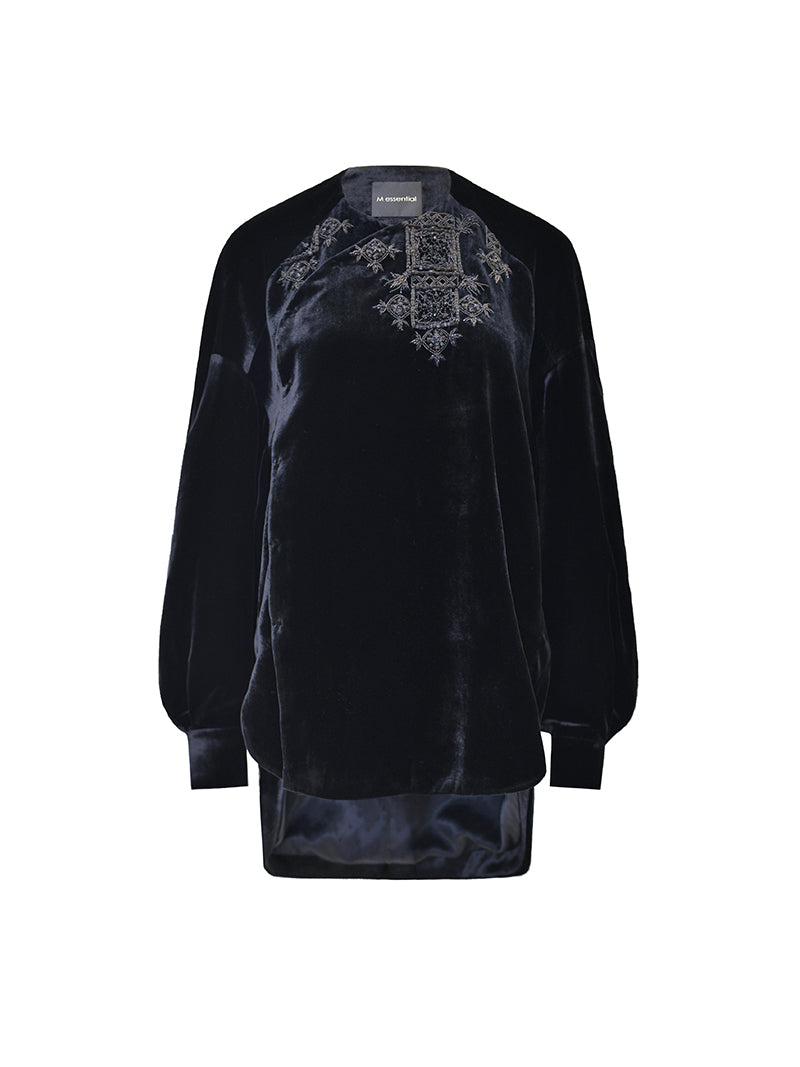 M essential Mackay designer Indian silk embroidered silhouette velvet top pant set- buck.