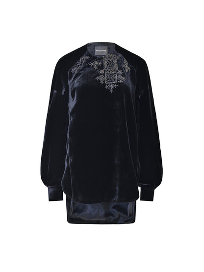 M essential Mackay designer Indian silk embroidered silhouette velvet top pant set- buck.