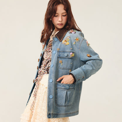 FAME Bahn-style floral beaded denim jacket  - LYLA