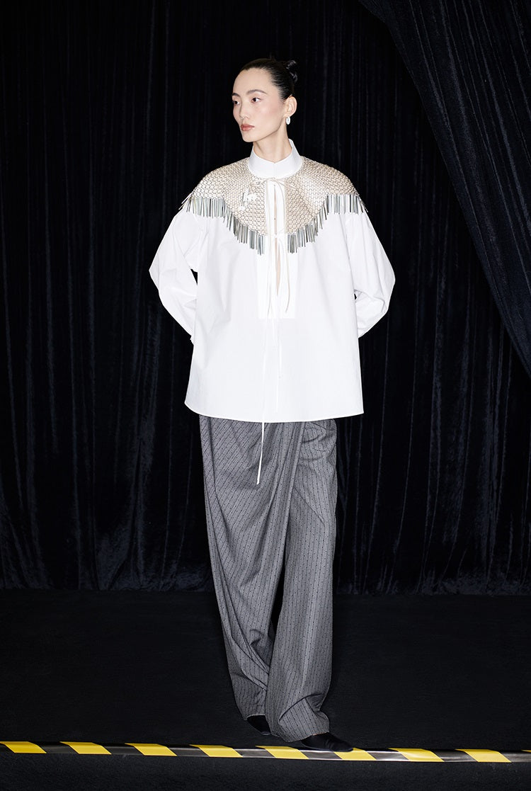 M essential Mackay designer handmade chain mail fringe embellished collar shawl - SIND.