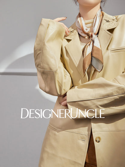 DGU|Beige jacket design sense niche temperament simple loose lapel cropped top - Stephania.