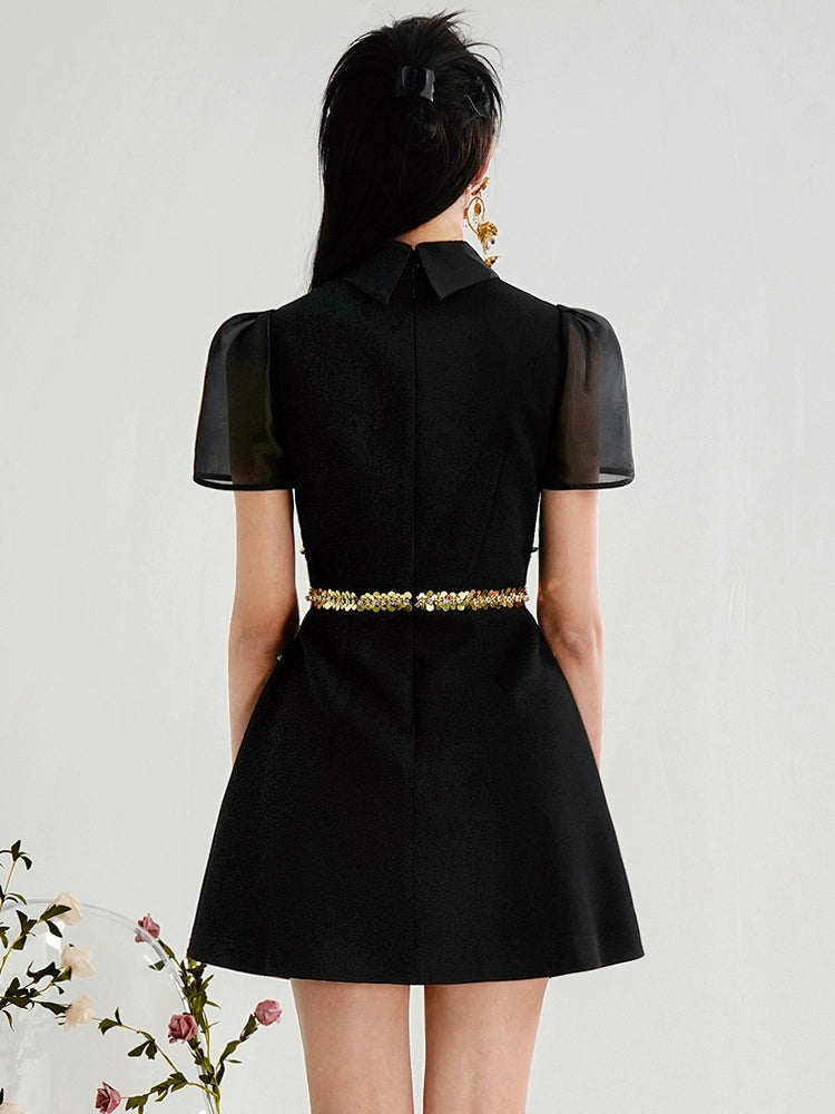 CHECOCRE Elegant Gold Sequence Hollow Black Short Dress - UNDER