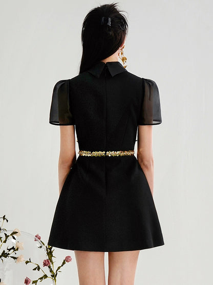CHECOCRE Elegant Gold Sequence Hollow Black Short Dress - UNDER