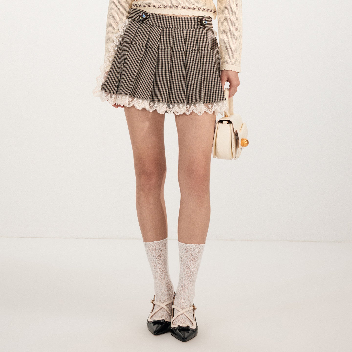 FAME lace paneled embroidered trim plaid pleated skirt - RONAN.