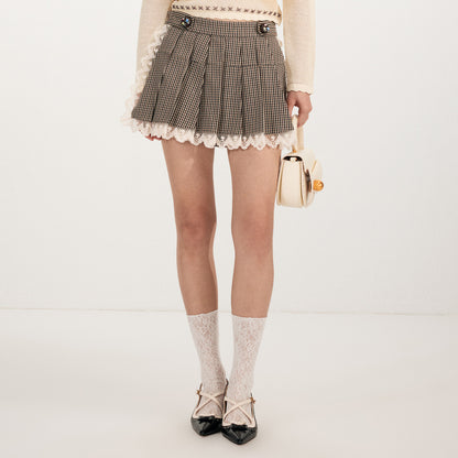 FAME lace paneled embroidered trim plaid pleated skirt - RONAN.
