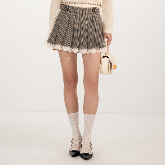 FAME lace paneled embroidered trim plaid pleated skirt - RONAN.