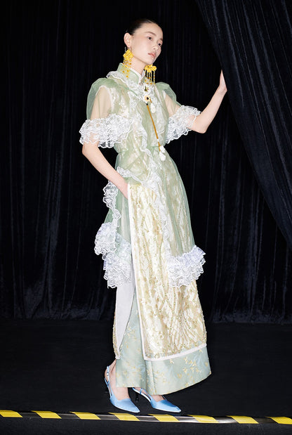 M essential Mackay designer Ear Mesh lace welt stand-up collar dress - DOUNT.