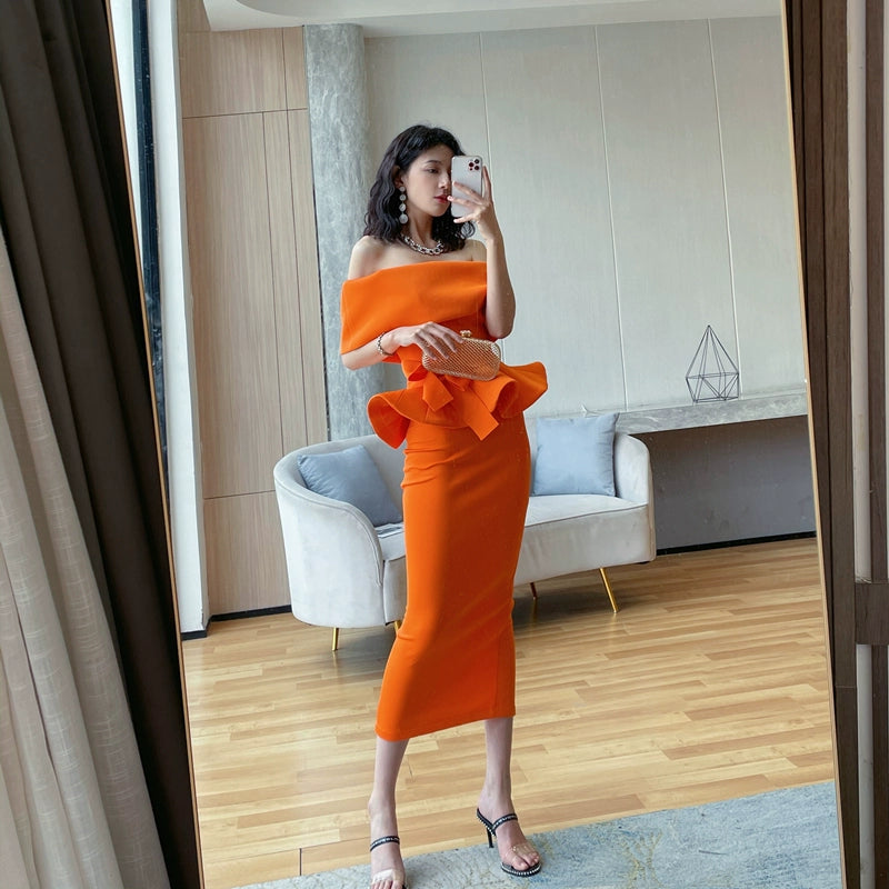 DOLLY High End Off Shoulder Peplum Tube Top Slim Fit Wedding Guest Dress-HANS