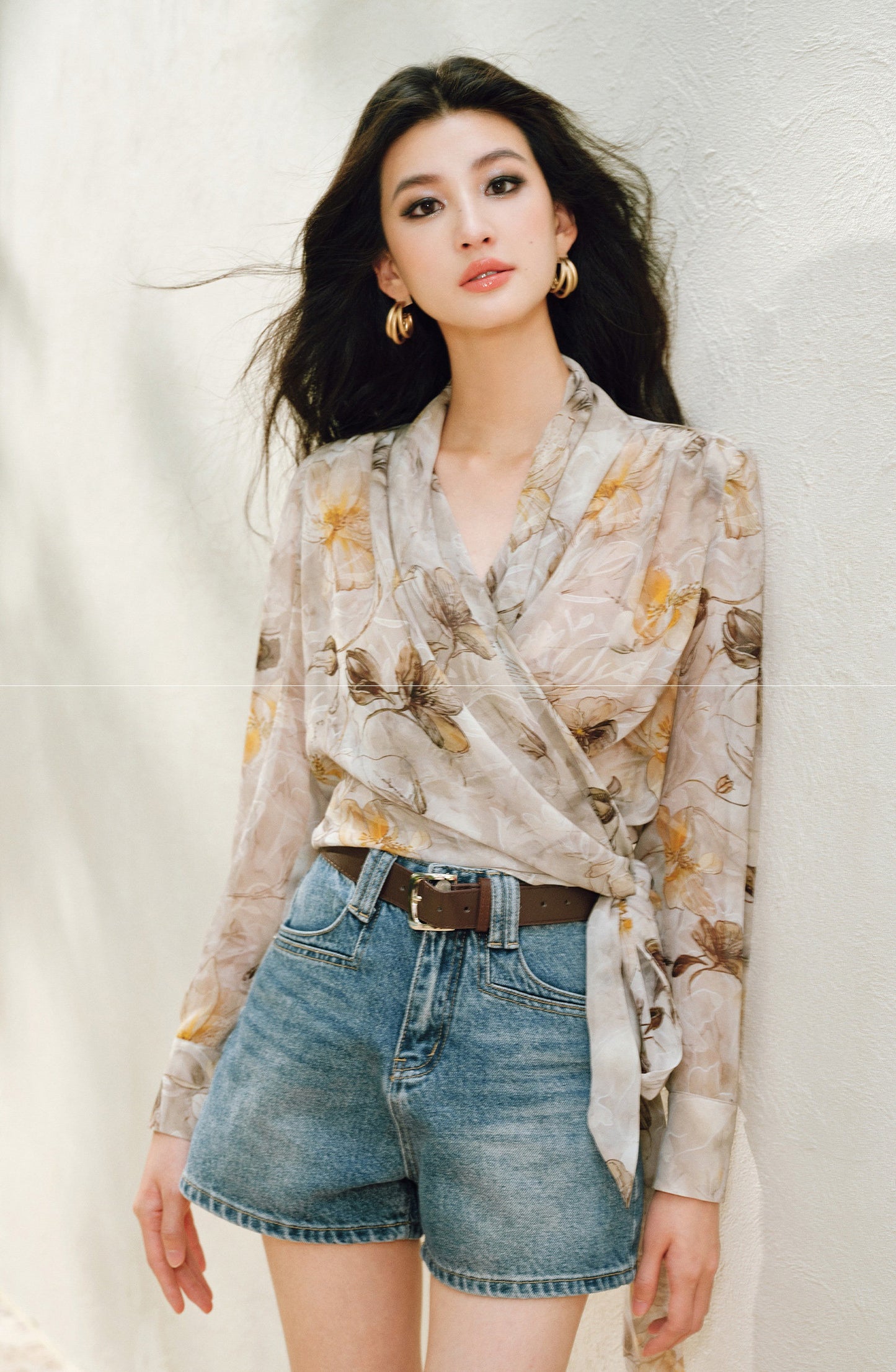 WANGXO | Silky Drape Smooth Georgette Vine-Inspired Geometric Print Entwined Twisted Shirt  -LYRA