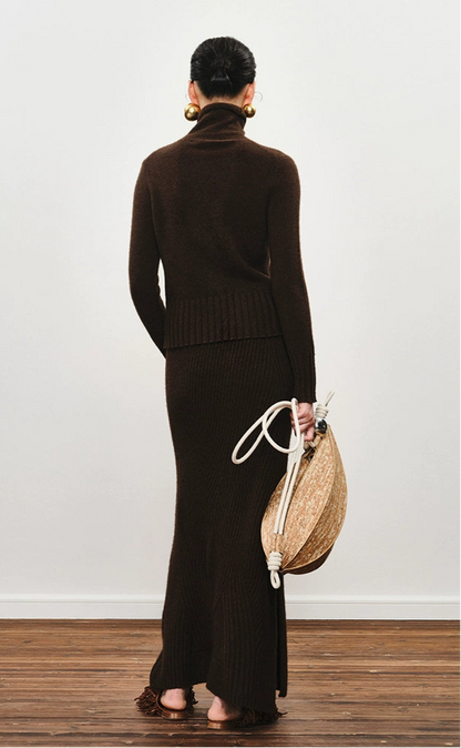 ZHUCHONGYUN Dark brown slim lapel collar knit top-SPIFF.