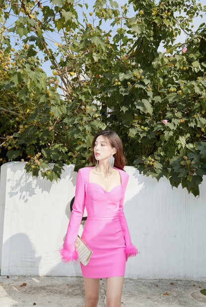 DOLLY Luxury Pink/Black Square Collar Long Bell Sleeves Slim Fit Short Date Dress-JANET