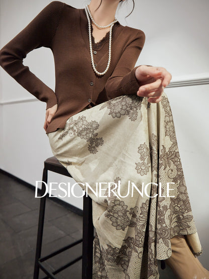 DGU "Mo Man" khaki green autumn new retro print high-waisted design skirt - MANE.