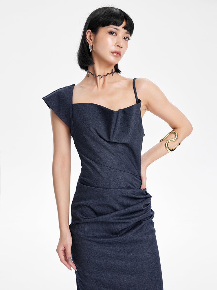 TINY IN irregular slanted shoulder slip slit long dress-GANS