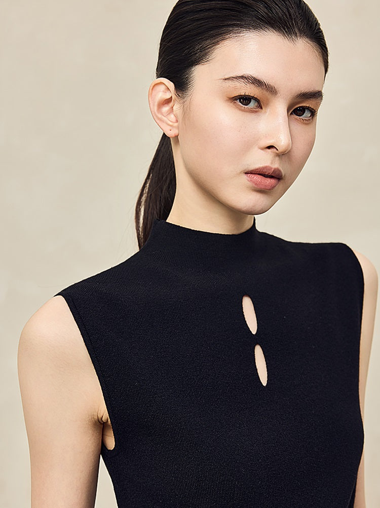 HECO Asymmetrical Wool Blend Sleeveless Mock Neckline Top- CHOOSE.