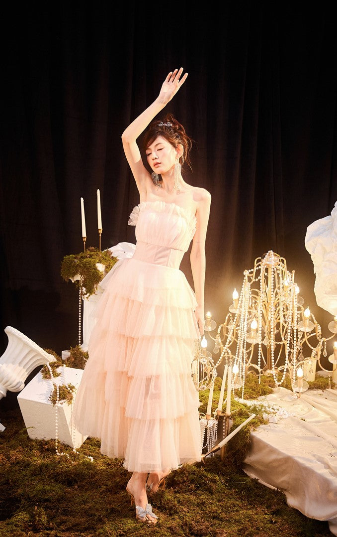 DOLLY Luxury Peach Pink French Style Tube Top Sleeveless High Waist Prom Dress-PEACHES