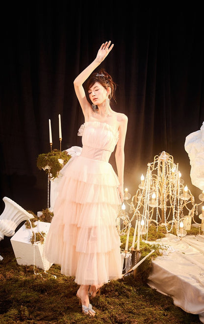 DOLLY Luxury Peach Pink French Style Tube Top Sleeveless High Waist Prom Dress-PEACHES