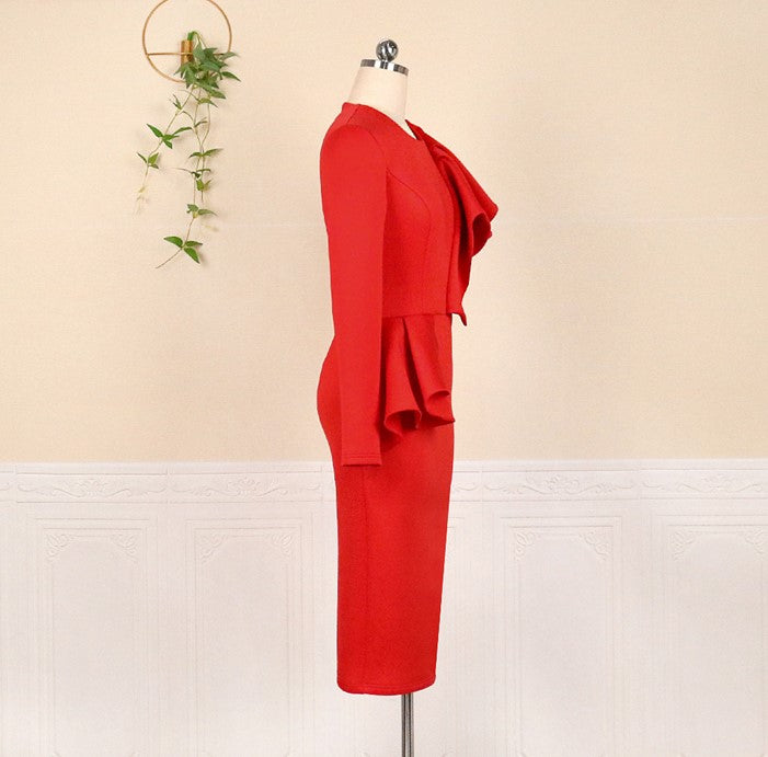 DOLLY Elegant Red Sloping Shoulder Ruffle Long Sleeve Midi Dinner Dress-KIMBRA