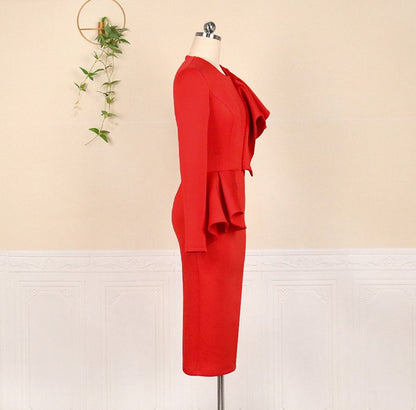 DOLLY Elegant Red Sloping Shoulder Ruffle Long Sleeve Midi Dinner Dress-KIMBRA