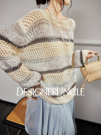 DGU "Weaving Halo" apricot gray striped wool knitted sweater- SHOW.