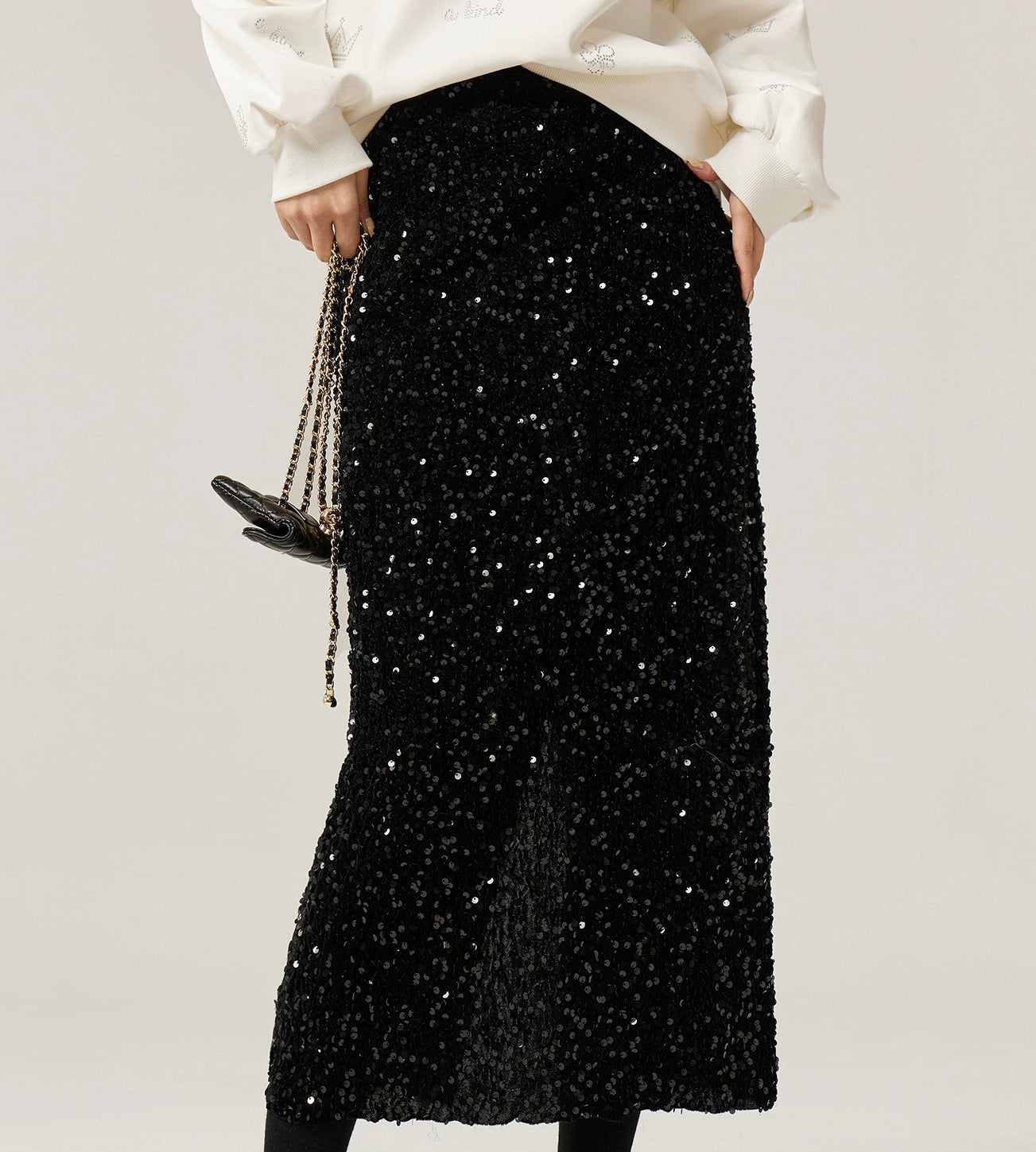 CHICHY temperament velvet sequin black A-line straight skirt -TRACY