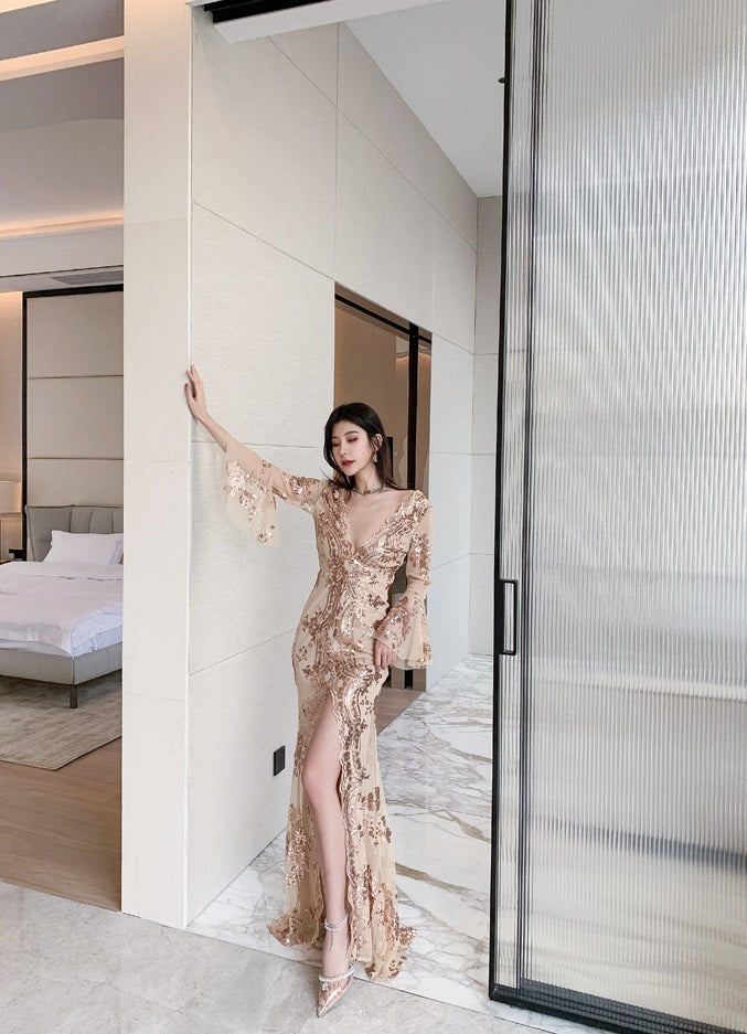 DOLLY Elegant V-Neck Long Sleeve Sequin Hip Flared Fish Tail Banquet Dress-MAY