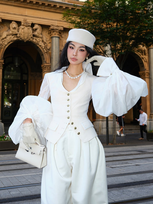 MEI SANGUAN Beige Layered Jacket & Wide-Leg Slacks Suit - YASMIN