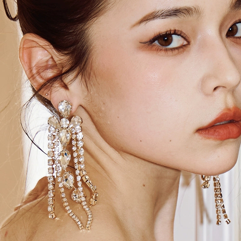 DOLLY Elegant Diamond Tassel Gold Earrings-JUANA