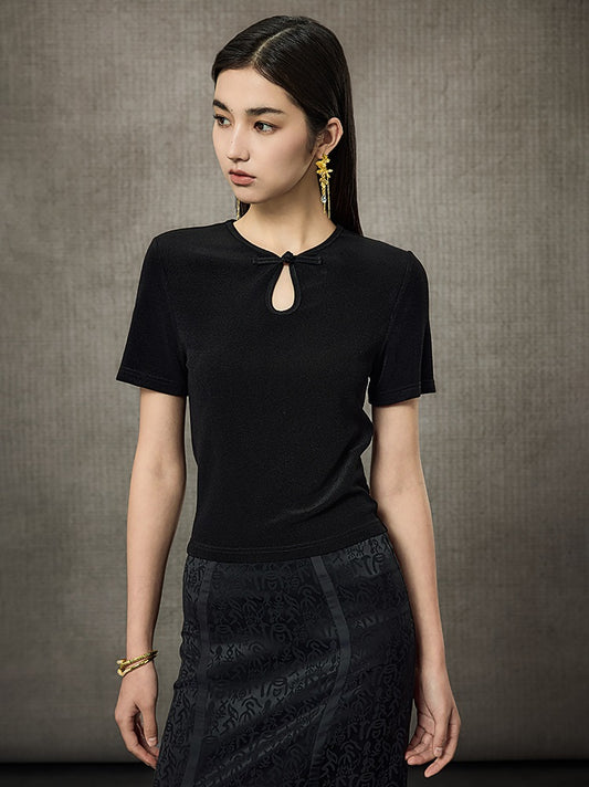 HECO Acetate Knit Buckle Cool Crop Short Sleeve Top - ENGAGE.