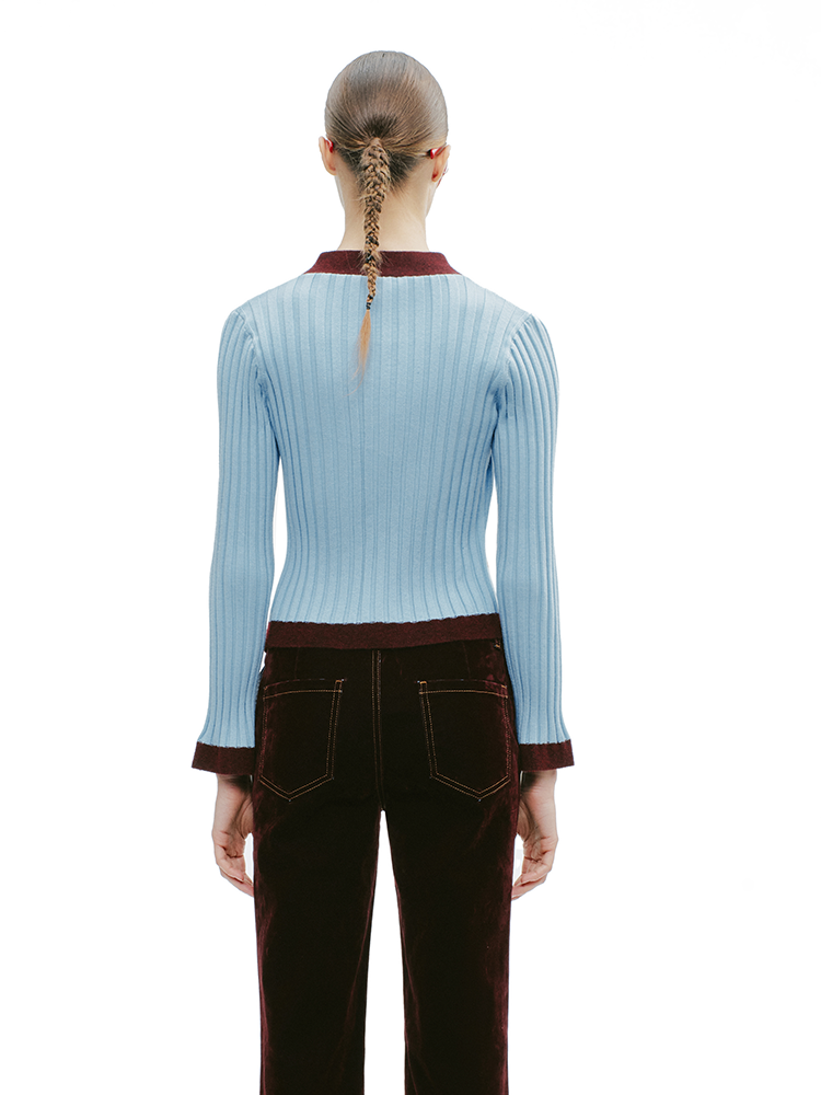 YES BY YESIR ribbed texture maroon accents scarf-tie neckline top - HEAT.