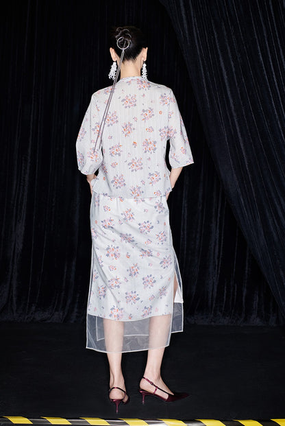 M essential Ma Kay designer Jinghe printed fabric floral nail beads top - JULY.