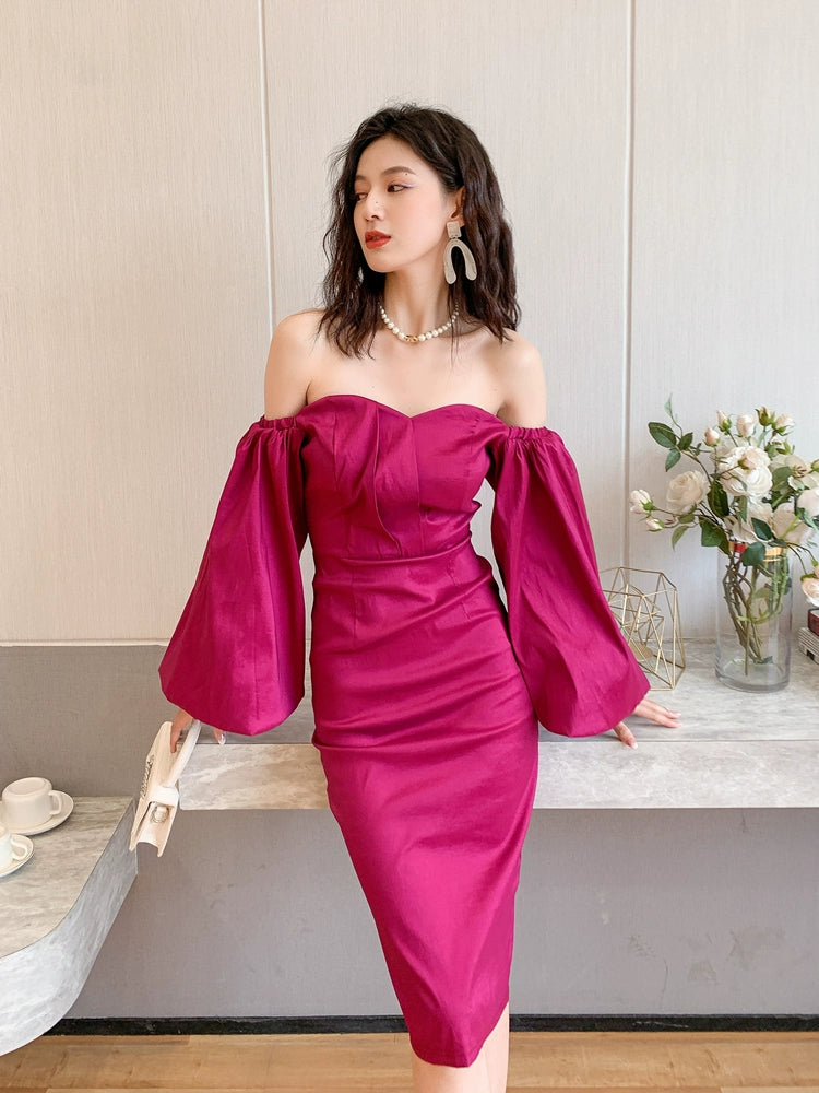 DOLLY High End Retro Style Off Shoulder Long Puff Sleeve Chest Wrap Dress-KILA