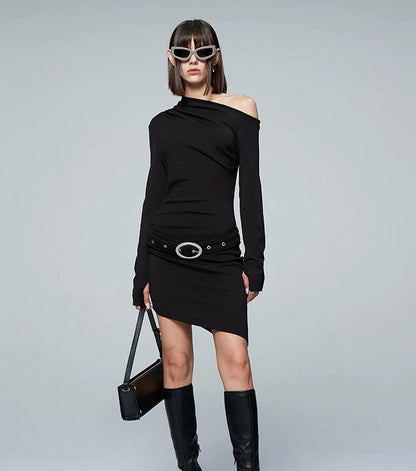 ANNAKIKI Slanted shoulder elastic belt long sleeve dress-CHICHI