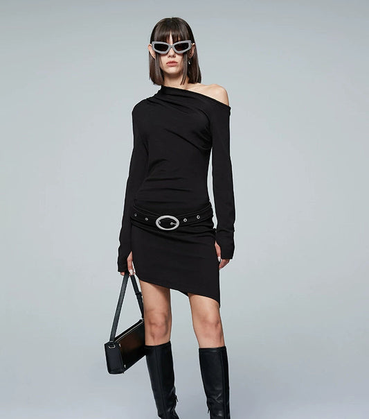 ANNAKIKI Slanted shoulder elastic belt long sleeve dress-CHICHI