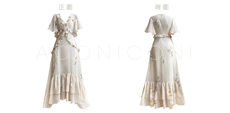 Aconiconi Luxury French Floral Print Slim Fit Hip Hug Dinner Dress- Primrose Whisper