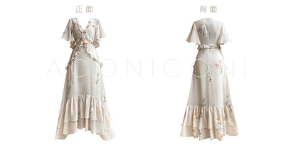 Aconiconi Luxury French Floral Print Slim Fit Hip Hug Dinner Dress- Primrose Whisper